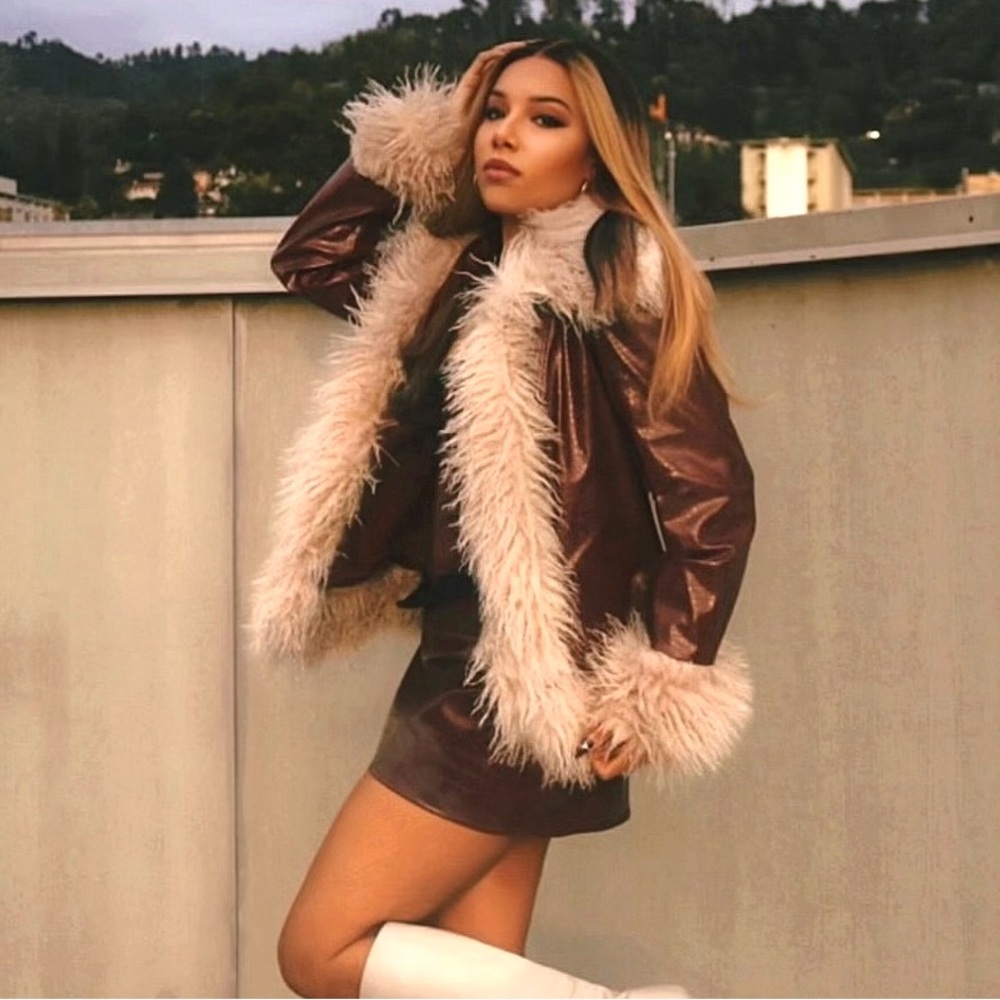 Brown Faux Leather Jacket and skirt set with Cream Fur Trim